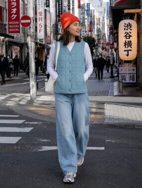 TAION Quilted Down Vest in Damage Blue Denim Streetwear Gorpcore Women's XL